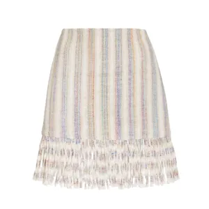 Alexis Vichy Silk Blend Fringe Mini Skirt Neutral Stripe Resort Vacation Size S thumbnail 5