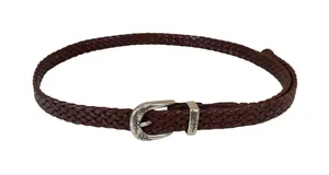 Womens Brown Braided Leather Belt Silver Tone Floral Engraved Buckle Size Large thumbnail 1