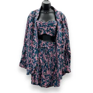 Free People Poolside Navy Blue & Pink Floral 3 Piece Set Sz‎ L thumbnail 4