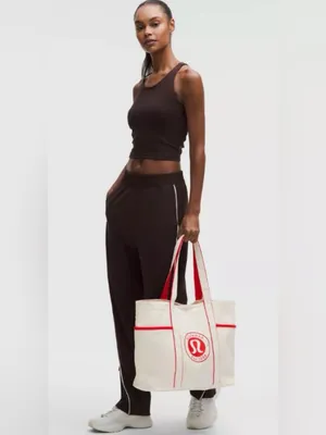 Lululemon NWT Daily Multi Pocket Canvas Tote Bag 20L Cream Red Trim thumbnail 3