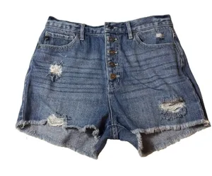 Kancan Button Fly Denim Distressed Raw Hem High Rise Jean Shorts Size Large thumbnail 1