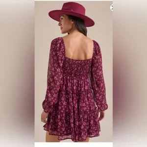 Altar'd State Burgundy Floral Long Sleeve Mini Dress thumbnail 2