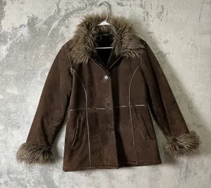Vintage Penny Lane Shearling‎ Coat Fur Trim Boho Glam Leather Brown Medium thumbnail 1