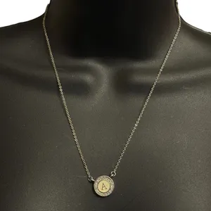 Silver tone white gold bond round disc initial letter A pendant necklace thumbnail 1