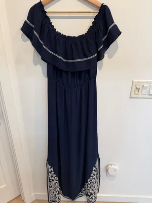 Sugarlips Navy Blue Off-Shoulder Maxi Dress with Embroidered Hem thumbnail 5