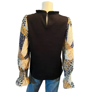 THML Animal Print Sleeve Ribbed Mock Neck Balloon Top Chic Ruffle Coquette L thumbnail 4