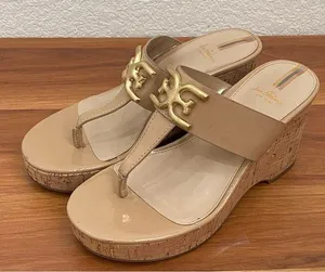 SAM EDELMAN Yardlie Almond Tan Patent Cork Wedge Platform Sandals Size 6 thumbnail 1