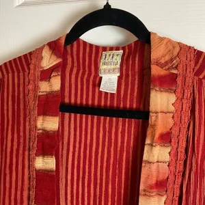Freestyle Boho Red Striped Kimono Cardigan Open Front Duster Size 1X thumbnail 3