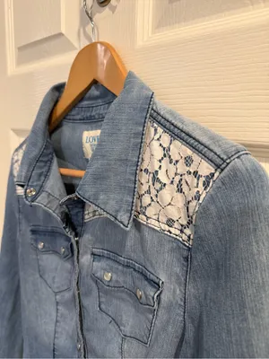 Love Culture Blue Denim Button-Down Pearl Snap Faded Fitted Shirt with Lace Yoke thumbnail 6