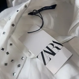 NWT ZARA Embellished Long Sleeve Chiffon Button Up Shirt White Medium thumbnail 10