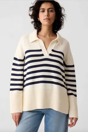 Gap 24/7 Split-Hem Polo Sweater Navy Cream Stripe Oversized Coastal Nautical L thumbnail 1