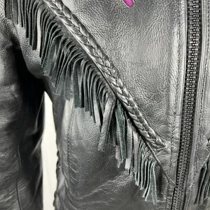 UNIK Leather Fringe‎ Biker Jacket Small Black Purple Rose Inlay Motorcycle Goth thumbnail 10