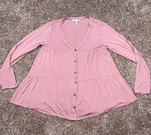 Moa Moa Dusty Pink Button-Front Tiered Long Sleeve Top Small thumbnail 1