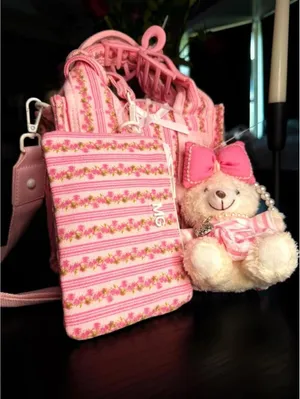 Madden Girl Floral Stripe Mini Tote Teddy Bear Charm Pink Coquette NWT thumbnail 7