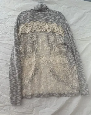 Miss Me 90’s Y2K Gray and Cream Textured Lace Knit Cardigan thumbnail 1
