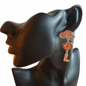 Fashion Jewelry Gold-tone Pink Enamel Cowgirl Dangle Earrings thumbnail 3