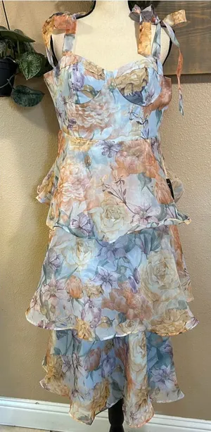 NWT Lulus Playfully Posh Blue Floral Organza Tie-Strap Tiered Midi Dress thumbnail 1