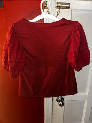 Frye & Co Women Red Ribbed Knit Top Puff Short Sleeve Ruffle Scoop Neck Large thumbnail 6