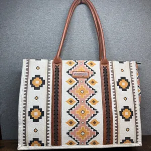 Wrangler Southwestern Canvas Tote Bag Large Aztec Print Faux Leather Trim Brown thumbnail 1