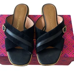 Tory‎ Burch Delaney 5mm Sandals Perfect Black Suede Leather 8 thumbnail 1