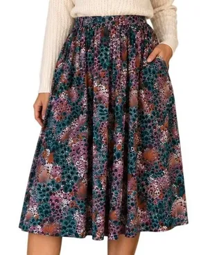 Campus‎ Casuals VTG 80s Midi Skirt M Pleated A-Line Peacock Feather Print Boho thumbnail 1