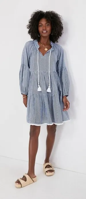 Tuckernuck Beach Nautical Tie Neck Tiered Coverup Dress Sz XS Navy White Stripe thumbnail 1