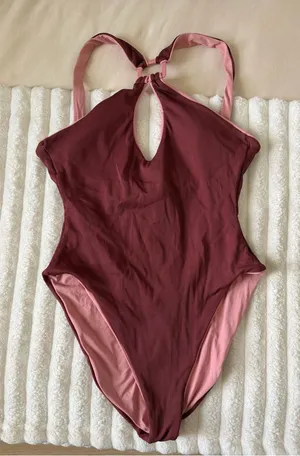BECCA Ribbed Burgundy One-Piece Swimsuit with Pink Straps thumbnail 1