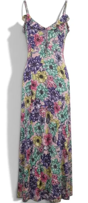 Lulus Dress Womens Large Floral Maxi Pink R68992 Ruffle Cold Shoulder EUC thumbnail 1