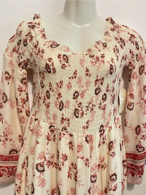 Altar'd State White Off-Shoulder Floral Maxi Dress with Pink Border thumbnail 7