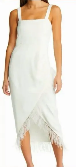 Saylor Caylin Sleeveless Feather Trim Hem Midi Dress White Small Bridal Wedding thumbnail 1