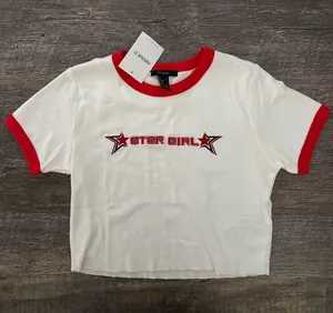 Forever 21 Graphic Cropped White Baby Tee with Red Trim thumbnail 1