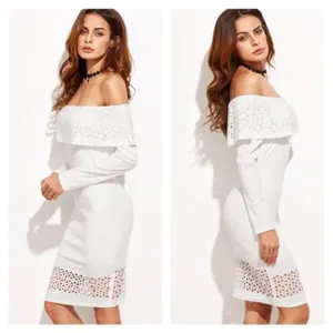 White Laser Cutout Off The Shoulder Ruffle Dress thumbnail 3