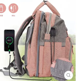 MULTI Compartment diaper bag with changing pad, USB & foldable crib Pink thumbnail 9