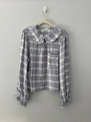 Anthropologie Pilcro Light Blue and White Plaid Top Cottagecore Prairie thumbnail 2