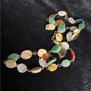 Vintage Multi Colour Agate Slice Link Necklace 34” long Green thumbnail 2