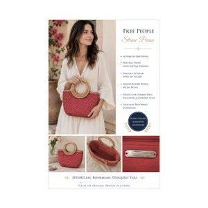 Free People Sophia Straw Tote Red Woven Bamboo Ring Handles Boho Purse Bag EUC thumbnail 3