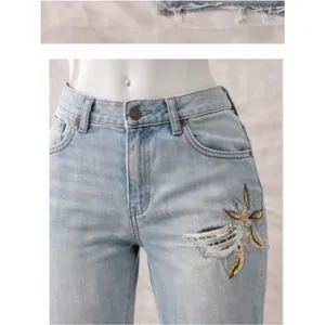 White House Black Market Light Wash Embroidered Distressed Straight Leg Jeans thumbnail 2