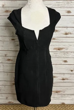 Free People black sheath dress Medium notch/split V neck bodycon minimalist LBD thumbnail 1