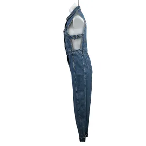 Topshop Women's Blue Sleeveless Denim Jean Button Up Overalls Jumpsuit Size M thumbnail 2