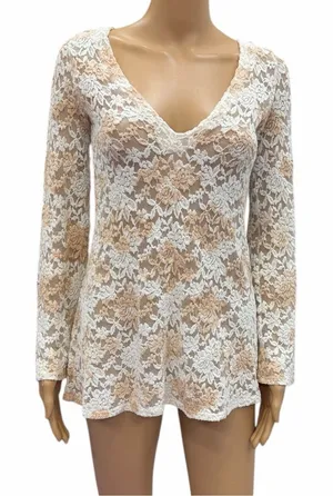 T Party Floral Lace Sheer Long Sleeve Tunic Top Womens Small thumbnail 1