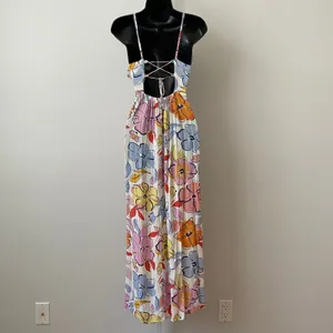 Kiwi + Punch Boho Beachy Floral Strappy Open Back Maxi Dress M Pink Orange thumbnail 4