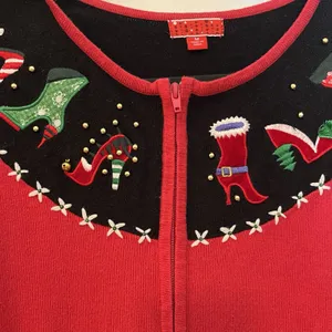 Target Vintage Zip Up‎ Red Ugly Christmas Shoes Bells Cardigan Sweater Size M thumbnail 5