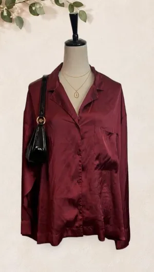 H&M Satin Button-Down Shirt in Wine thumbnail 1