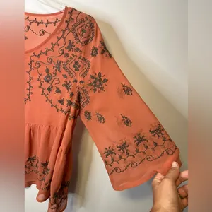 Free People Pennies Sequel Embroidered Peasant Semi-Sheer Blouse Sz M thumbnail 7