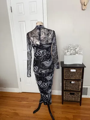 NWOT Akira marble High-Neck Print mesh y2k Bodycon Dress swirl pattern ruched Sz M black/white long sleeve thumbnail 4