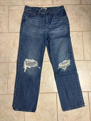 Levi “Low Pro Straight” Distressed Jeans in Dark Blue thumbnail 1