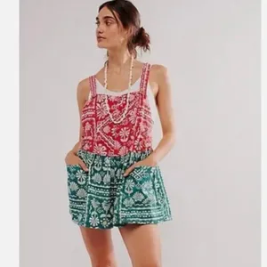 NEW Free People Women's Red Palm Bay Printed Shortalls Medium thumbnail 3
