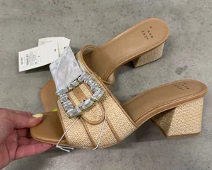 A New Day Kathleen Beige Raffia Crystal Buckle Block Heel‎ Slide Sandals 9 thumbnail 1