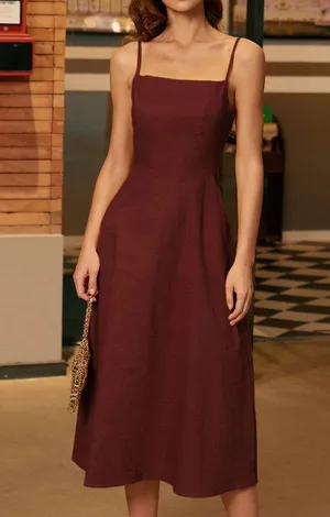 Rihoas Wine Red Square Neck Shirred Slip Midi Dress thumbnail 1