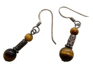 Vintage Sterling Silver 925 Tigers Eye Dangle Drop Earrings Bali Style Boho thumbnail 1